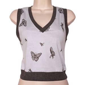 MIXED THREADS Gray Butterfly Novelty Print V-Neck Sleeveless Sweater Top Medium